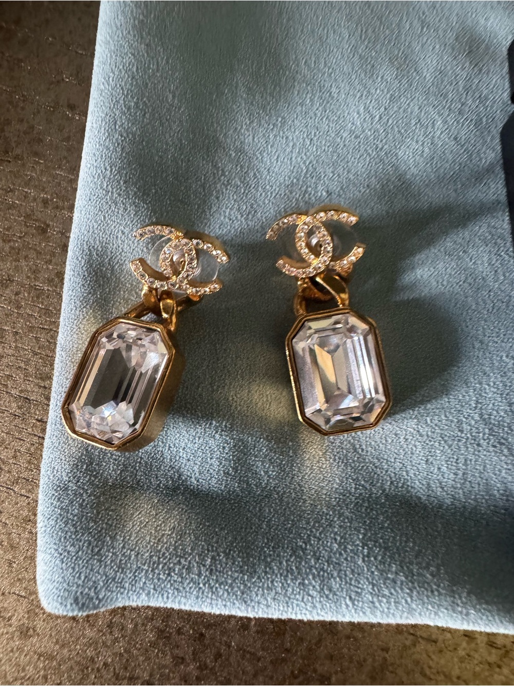 Authentic CHANEL Gold-Tone Crystal Drop Earrings with Clear Octagon Stones - Picture 3 of 3